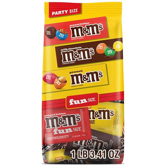 M&M'S Fun Size Assorted Chocolate Candy Variety Pack, Milk Chocolate, Peanut & Peanut Butter Party Size Bags for Party Favors, Halloween, Offices, and More, Bulk Candy, 19.41 Oz