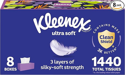 Kleenex Ultra Soft Facial Tissues, 8 Flat Boxes, 180 Tissues per Box, 3-Ply, Packaging May Vary