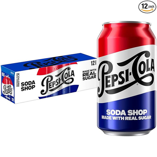 Pepsi Real Sugar Soda, 12 Fl oz Cans, (12 Pack), Cola, Soda Pop (Packaging May Vary)