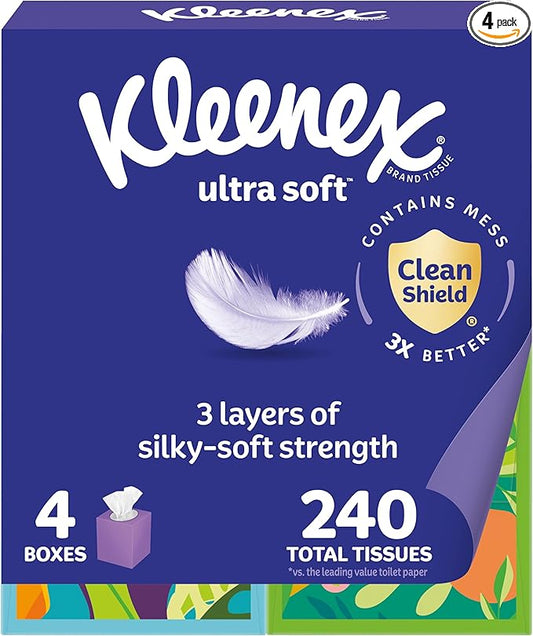 Kleenex Ultra Soft Facial Tissues, 4 Cube Boxes, 60 Tissues per Box, 3-Ply (240 Total), Packaging May Vary