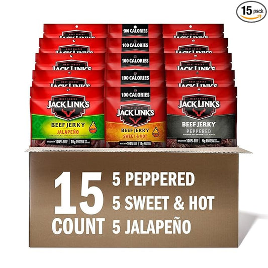 Jack Link's Beef Jerky Bold Variety Pack - Includes Sweet & Hot, Jalapeno and Peppered Jerky, Great Gifts for Dad & Men, Good Source of Protein, Meat Snacks Made with 100% Beef - 1.25 Oz (Pack of 15)