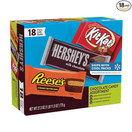 HERSHEY'S, KIT KAT and REESE'S Assorted Milk Chocolate Candy Variety Box, 27.3 oz (18 Count)