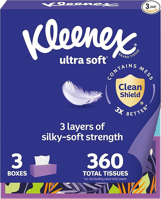 Kleenex Ultra Soft Facial Tissues, 3 Flat Boxes, 120 Tissues per Box, 3-Ply (360 Total), Packaging May Vary