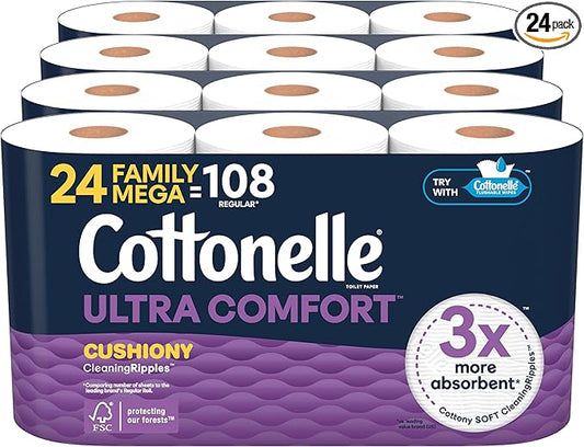 Cottonelle Ultra Comfort Toilet Paper with Cushiony CleaningRipples Texture, Strong Bath Tissue, 24 Family Mega Rolls = 108 Regular Rolls (4 Packs of 6)