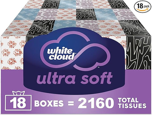 White Cloud Ultra Soft 3-Ply Facial Tissue, 18 Box Multipack, 120 Tissues Per Box