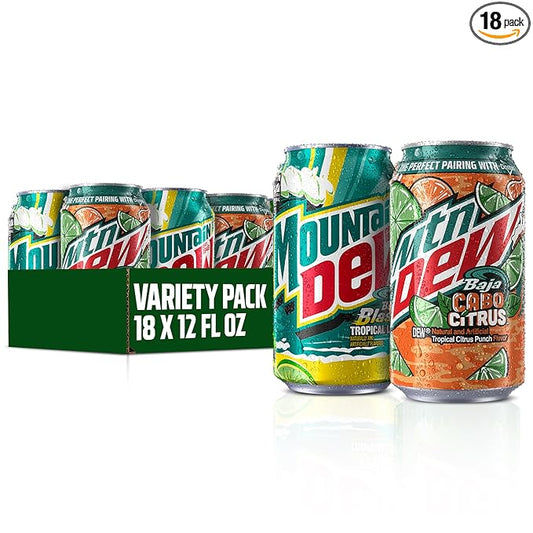 Mountain Dew, 2 Flavor Baja Variety Pack (Baja Cabo Citrus, Baja Blast), 12 Fl Oz Cans (Pack of 18)