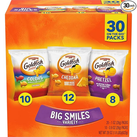 Goldfish Crackers Big Smiles Variety Pack with Cheddar, Colors, and Pretzels, Snack Packs, 30 Ct