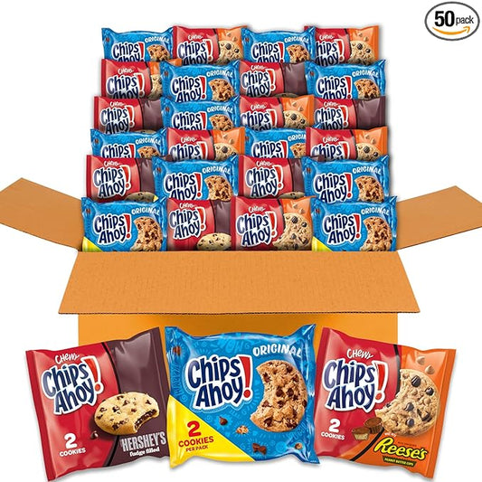 CHIPS AHOY! Cookies Variety Pack, Original Chocolate Chip, Chewy Chocolate Chip with Reese's Peanut Butter Cups & Chewy Hershey's Fudge Filled Soft Cookies, 50 Snack Packs