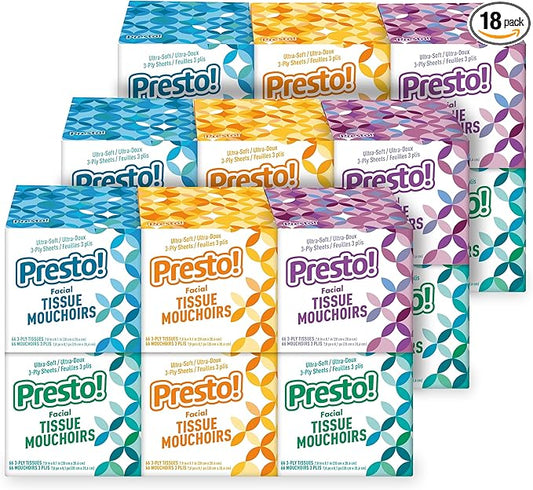 Amazon Brand - Presto! Ultra-Soft 3-Ply Premium Facial Tissues, 1188 Count (18 Packs of 66), (Packaging May Vary)